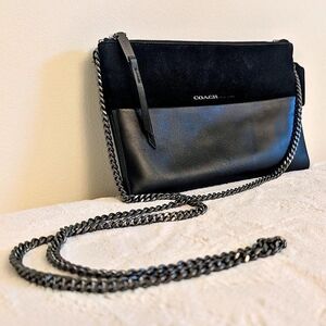 Mini Coach Black Leather And Suede Crossbody Bag With Chain Strap